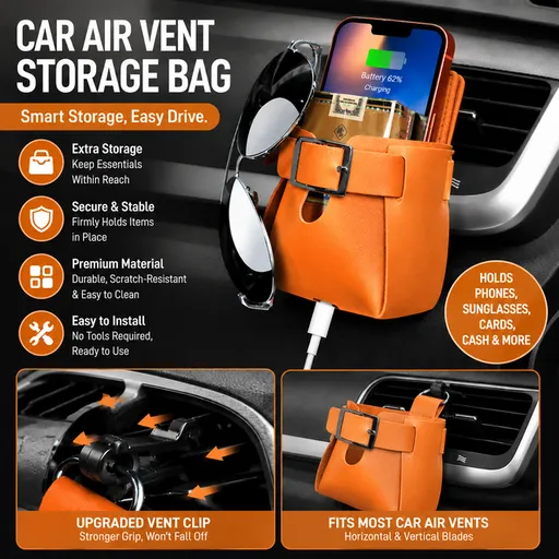 2-Pack Brown Car Air Vent Leather Storage Pockets with Soft Velvet Lining & Vent Clip - Compact Hanging Organizer Storage Bag, Charging Cable Access and Open-top Design for Phone Keys Sunglasses and Bottles