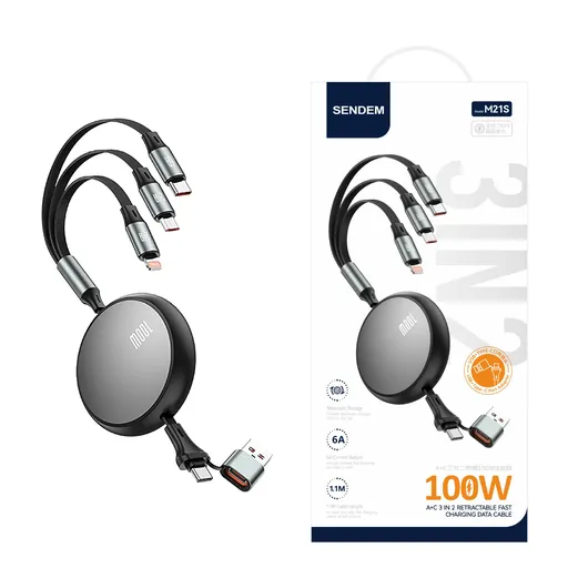 3-in-1 Retractable Fast Charging Cable 100W - Multi Charging Cord with Type-C Lightning Micro USB - Car Phone Charger for iPhone Samsung Android - M21S Gray