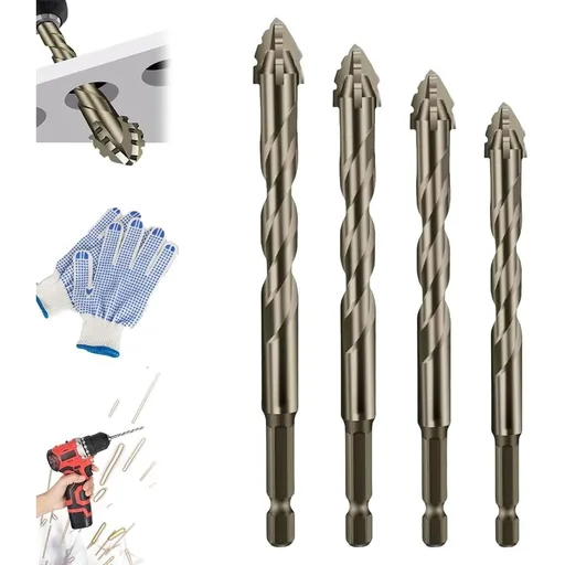 Drill Bits, Four Blade Serrated Eccentric Drill,Wet and Dry Dual-Use Sharp Wear-Resistant Tungsten Steel Alloy Triangular Drill,Comes with Non-Slip Gloves(6+8+10+12mm)