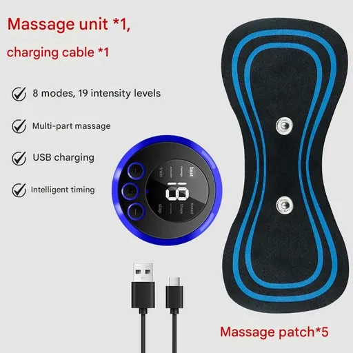 7-pack Black and Blue Mini Massage Patch - Portable Smart Neck & Shoulder Massager with 8 Modes, 19 Intensity Levels, USB Rechargeable, PU & PET Material for Muscle Relief