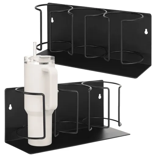 2 Pack Water Bottle Organizer, 13.2 x 4.1 x 5.5 in Carbon Steel Cup Organizer, 3 Slot Tumbler Rack with Metal-Gripping Attachment for Kitchen Refrigerator Wall Mounting