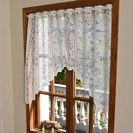 White Lace Sheer Kitchen Valance Curtains for Windows, 160*100cm, Phoenix Tail Flower Pearl Half Curtain