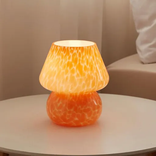 Orange Spot Hand Blown Glass Mushroom Table Lamp - Compact Nordic Bedside Desk Light with Artistic Glass Shade and Toggle Switch for Bedroom and Home Decor