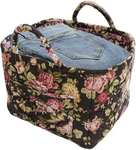 Foldable Fabric Storage Basket with Handles, Boho Floral Print Large Capacity Clothes Organizer for Living Room Bedroom and Camper