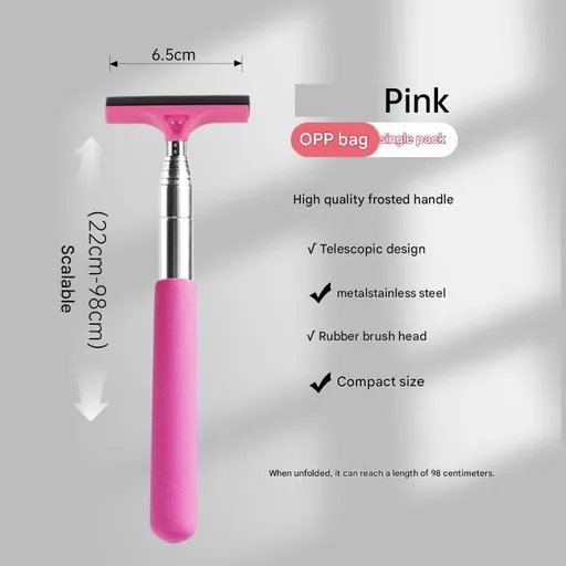 Pink Telescopic Car Mirror Wiper - ABS & Stainless Steel - 98cm Extendable, Defog & Rain Removal, Compact Car Cleaning Tool, Universal Fit, Travel Friendly
