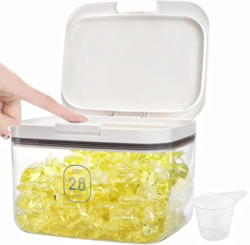 94 OZ/2.8L Laundry Pods Container, One-Press Lid Powder Holder Dispenser, Clear PET Detergent Sheet Organizer with Measuring Cup for Booster Beads, Dryer Balls, Flour, Pet Food