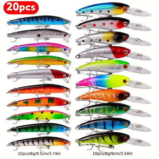 Proberos 20-piece fishing tackle set | hard bait set, suitable for striped bass and bass | scoop hook lure, minnow lure, jumper, pencil-shaped swim bait, fish hook, sea bass lure