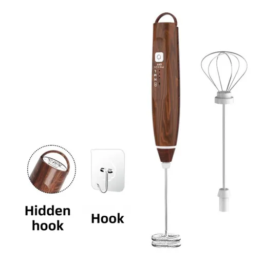 Wood Grain Wireless 3-Speed Milk Frother & Egg Whisk with Dual Mixing Heads & Hidden Hook - Handheld USB Rechargeable Foam Maker for Coffee, Cream & Baking