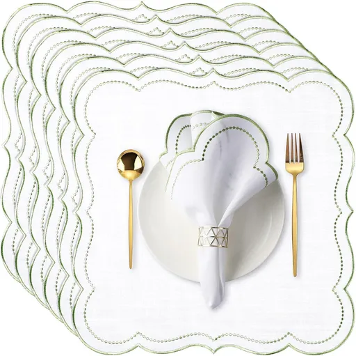 6 Set Cloth Napkins Scalloped Embroidery Cloth Napkins Washable Polyester Table Dinner for Hotel Restaurant Weddings Events Parties (Bean green border)