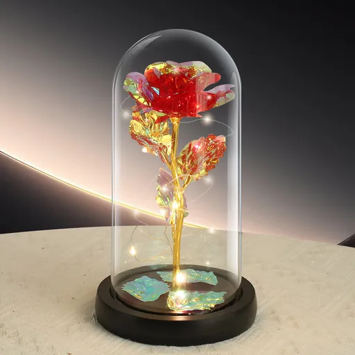 Red Rose LED Light – Black Clover Plastic Base,Battery Powered Flower Dome for Décor & Gifting