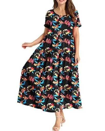 Women Floral Long Dress Short Sleeve Polyester Picture Color 16 XL Size: XL; Height (cm): 170-175; Weight (kg): 60-65; Bust (cm): 94-98; Waist (cm): 78-82; Shoulder width (cm): 40; Length (cm): 64