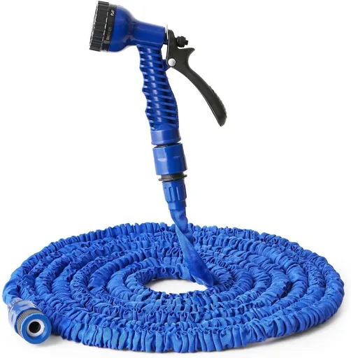 Expandable Garden Hose 16ft to 50ft Aluminium Connector 7 Function Nozzles Blue