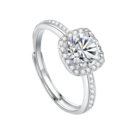 Elegant Square Moissanite Ring – 1 Carat Halo Design in S925 Sterling Silver | Adjustable Band for Women | Perfect Gift for Birthday, Anniversary or Everyday Elegance