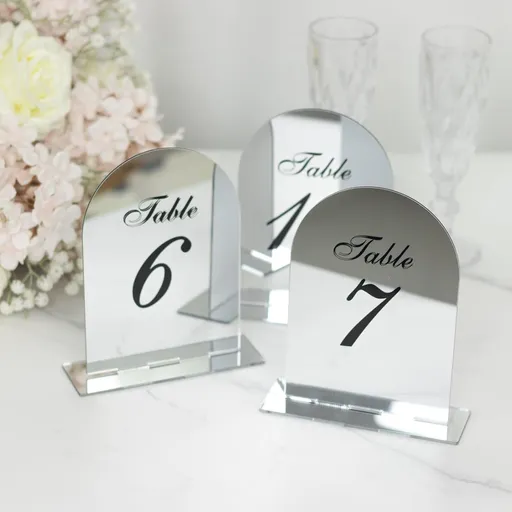 Efavormart Wedding Table Numbers 1-10 – Silver Mirror Arch Acrylic with Black Print & Stands for Elegant Receptions - 6"x7"