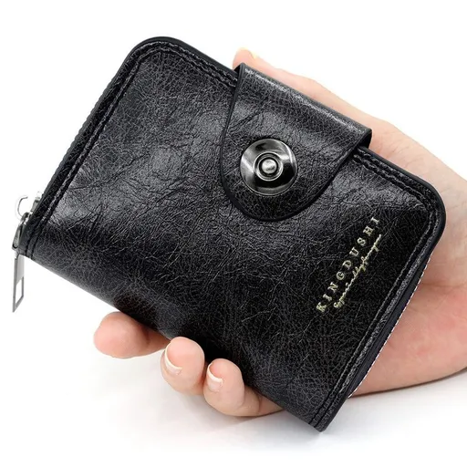 Vintage Waxed PU Leather Card Holder Wallet, Snap Button Zipper Coin Purse, Multi-Card Slot Mini Credit Card Case for Men and Women (Black)