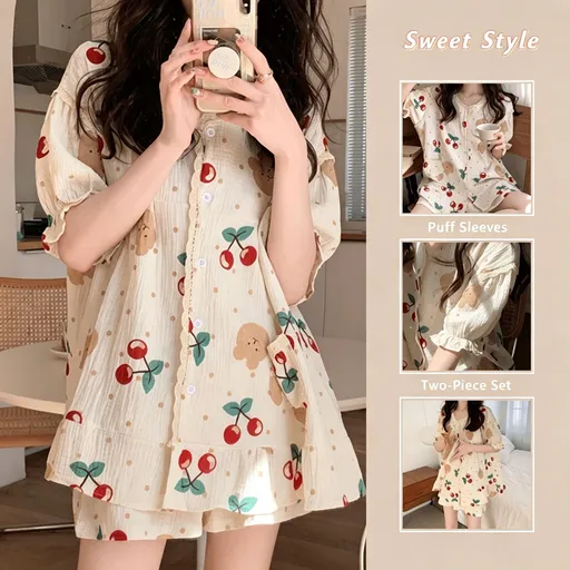 Cherry Bear Size XL | Plus Size Bubble Crinkle Pajamas | Christmas Cartoon Girly Gift | Loose Fit Bear Print Women's Loungewear Set