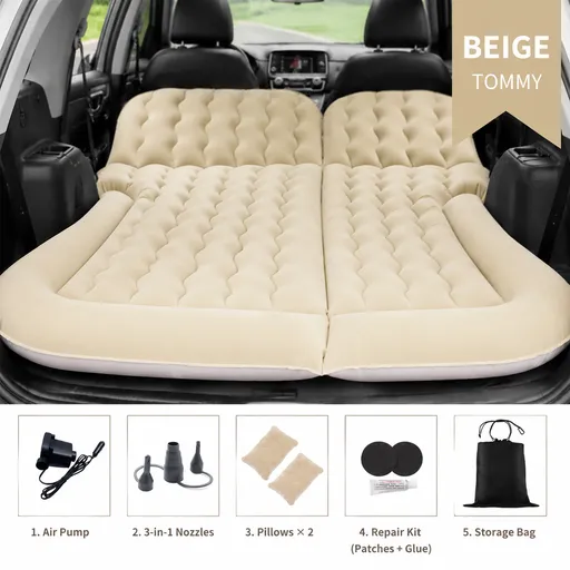 Beige Large Inflatable Universal Car Air Mattress with 2 Pillows, Pump and Storage Bag - Dual Zone Split Bed Soft Flocked Camping Travel Bed Integrated Head / Backrest Buffer for SUV MPV Long drives