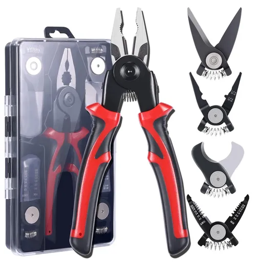 Black and Red 5 in 1 Interchangeable Plier Tool Set - High Carbon Steel - Wire Stripper, Crimper, Cutter, Linesman Pliers, Shear - Multi-Purpose for Electricians, DIY, Home Repair, Compact & Durable