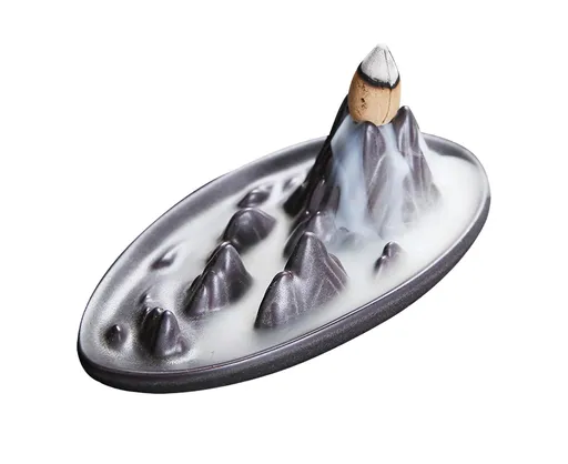 Teahouse Waterfall Lotus Backflow Incense Burner Ceramic Censer Home Decoration- C