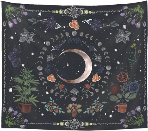 Plant Tapestry, Nature Moon Phase Tapestry Wall Hanging, Bohemian Mandala Tapestry Aesthetic Bedroom Decor