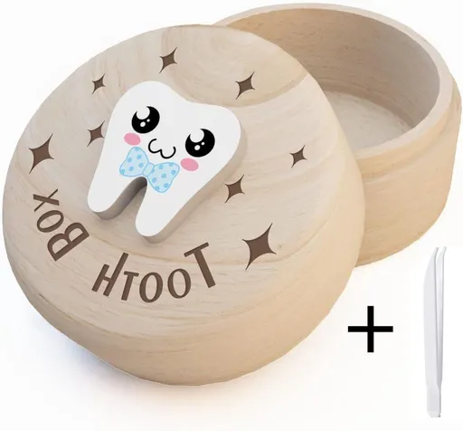 Wood Tooth Fairy Box Natural Wooden Keepsake Baby Teeth Storage Case With Printed Lid And Mini Tweezers For Kids Boys And Girls Beige Small Size