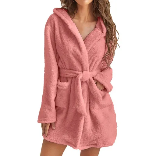 Pink M Size Women's Ultra-Thick Plush Robe with Large Hood & Pockets - Warm Winter Double-Layer Sherpa Fleece Lounge, Bathrobe & Nightwear