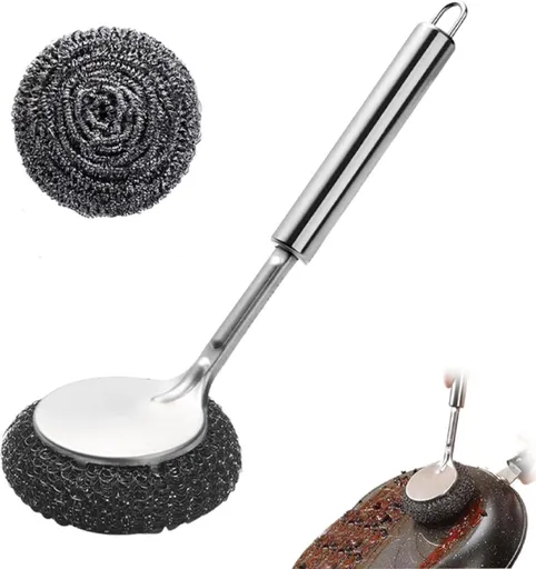 Dish Brush/ Steel Brush - Kitchen Brush - Cleaning Brush - Dishwashing Brush - Kitchen Steel Wool Pot Scrubber - For Dishes, Pots, Stoves, Sink - Detachable Brush - With 1 Replacement Head - Can Be Hung