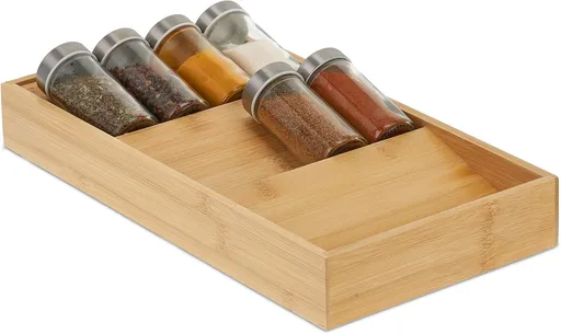 Relaxdays horizontal spice rack, 3 shelves, HBD: 5 x 20 x 38 cm, spice organizer for kitchen drawer, spice holder, natural