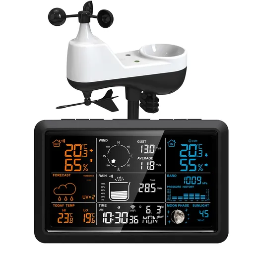 Weather Station with Rain Gauge and Wind Gauge Wireless Indoor Outdoor 5 IN 1 Digital Weather Forecast Humidity Moon Phase Sunlight Temperature Thermometer with Solar Powered Outdoor Sensor for Home