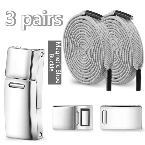3-Pair Set - Magnetic Wide Elastic No-Tie Shoelaces, Lazy Magnetic Lock Stretch Laces for Kids and Adults - Gray