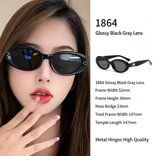 Glossy Jet Black Frame Grey Lens Cat Eye Sunglasses UV400 Blocking, Sleek Edgy Streetwear Vibe, Great Christmas Present