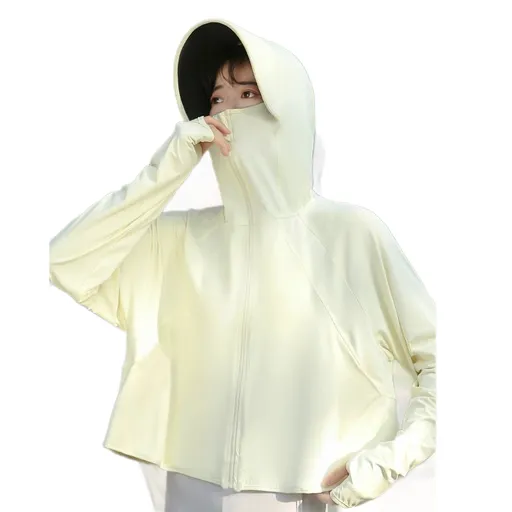 Yellow UPF50+ Sun Protection Hoodie for Women - Breathable Polyester Long Sleeve Cover-Up with Face Mask, Lightweight 300g Design for Outdoor Cycling Beach Travel