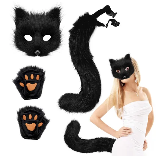 3 Pcs Set Festival Animal Mask Gloves Plush Animal Tail Handmade Beast Tail Cosplay Props Accessories Black