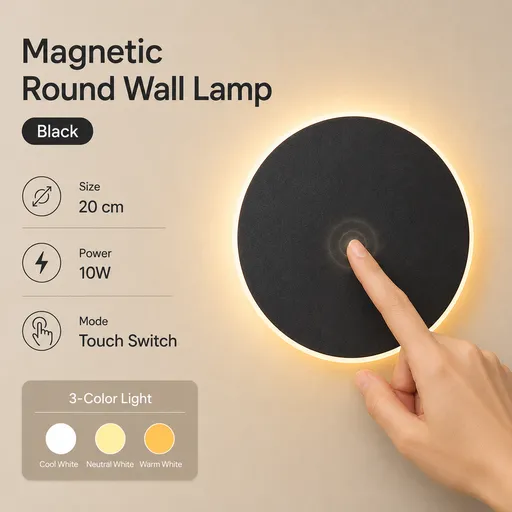 Magnetic Round LED Wall Lamp, Hardwired, Black 20cm, Touch Control, 3 Color Lighting, Modern Disc Wall Sconce