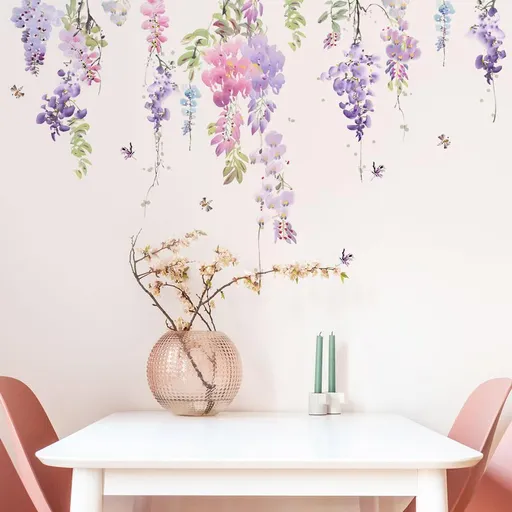 Flowers Wall Decal Purple Floral Butterfly Wall Stickers Removable Wall Mural for Bedroom Living Room Sofa TV Background Kitchen