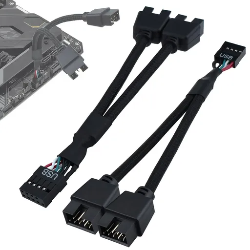 2Pcs Motherboard 9 Pin USB 2.0 to Dual 9 Pin Extension Splitter, USB 2.0 Header Splitter Nylon Braided Cable for PC Computer Internal Motherboard USB Hub, Black