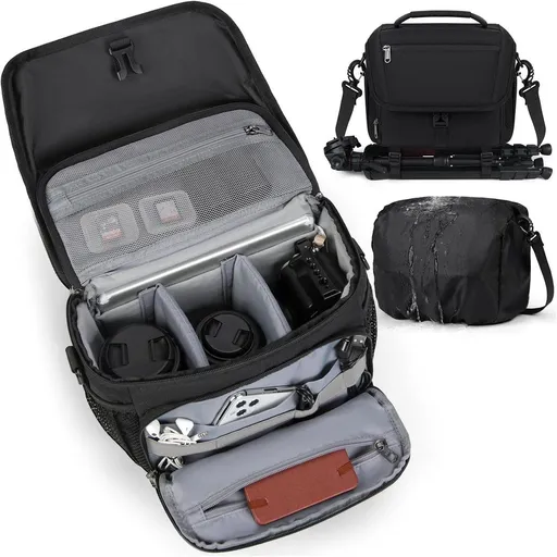 Anti-Theft Camera Shoulder Bag, Waterproof Polyester DSLR Camera Bag with Padded Compartments for Camera, Lenses and Tripod, Black
