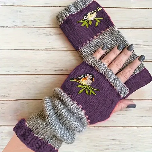 Color-Block Bird Embroidered Fingerless Knit Gloves – Warm, Flexible, Perfect for Daily Autumn/Winter Use, 8.5×22cm Stylish Practical Commute Hand-Warming Essential(purple)