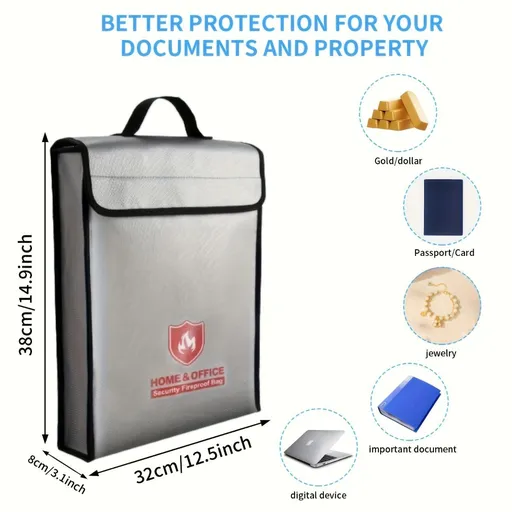 fireproof document bag, metal chain strap, heat resistant storage, fire safety pouch, fireproof money bag, waterproof document holder, emergency preparedness, document protection, valuables organizer, fire resistant bag - Gray - Size 1PCS