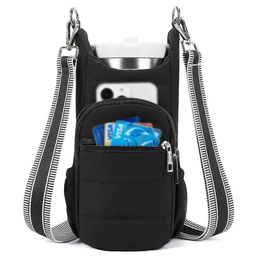 Insulated Water Bottle Holder with Strap Crossbody Carrier Bag with Phone Pocket for Hiking - Black