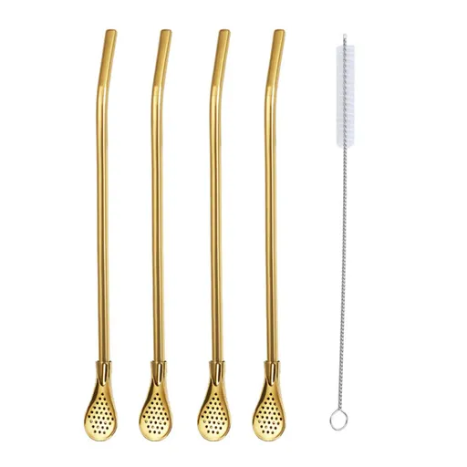 5pcs Stainless Steel Straw Spoon Removable Filter Reusable Tea Juice Stirrer - Gold