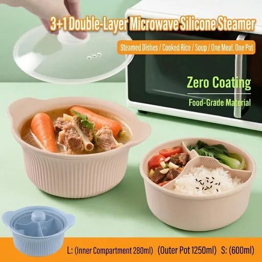 3+1 Double-Layer Food-Grade Silicone Microwave Steamer with Collapsible Design – BPA-Free, Heat-Resistant Vegetable, Rice, and Soup Cooker for Quick One-Person Meals, Featuring Anti-Slip Texture, Cool-Touch Handles, and a Removable Three-Compartment