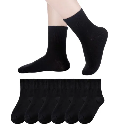 Kids Athletic Crew Socks Boys Girls Cotton School Uniform Casual Basic Socks 6 Pairs 3-5T Black