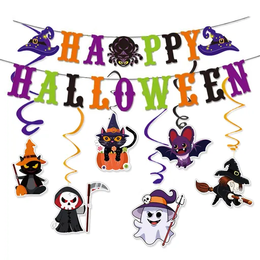 Halloween Hanging Swirl Banner Set Bat Witch Skull Spider Ghost Spiral Happy Halloween Party Decoration Kit