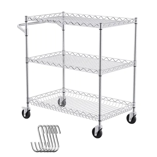 Kitchen Utility Cart, 3 Tiers, Wire Rolling Cart with 300kg Capacity, Steel Service Cart on Wheels, Metal Storage Trolley with 80mm Deep Basket Curved Handle 6 Hooks, for Indoor and Outdoor Use
