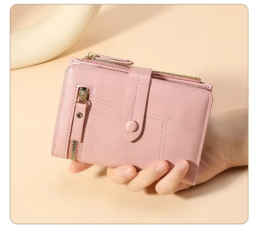 Pink Soft PU Leather Women's Wallet – Compact Foldable Wallet with Multiple Card Slots and Zippered Compartment