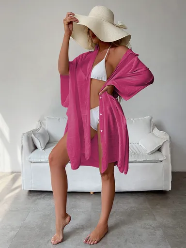 Rose Red Summer Beach Cover-Up- Bamboo Cotton Sun Protection Cardigan