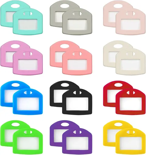 24 Pcs Key Cap Tags 1 Inch Key Covers Protectors with Blank Paper Labels and Clear Windows Soft Key Identifiers for Standard Regular Thin Flat House Keys (Not for Odd-Shaped Keys), 12 Colors