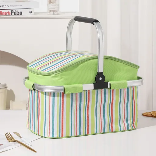 27L Foldable Insulated Picnic Basket Cooler Bag with Aluminum Handles, Green Striped Thermal Hamper