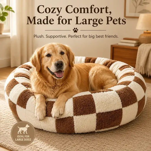Medium Large Pet Donut Bed (Coffee plaid)-80cm outer diameter, Soft Plush Round Dog Bed and Cat Bed with Raised Rim, Cozy Calming Pet Sleeping Cushion, Checkered Washable Dog Bed for Medium Large Dogs and Cats